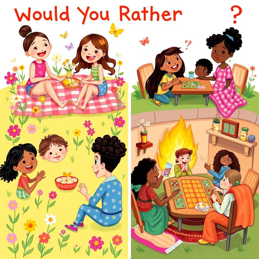 A whimsical and colorful illustration for a 'Would You Rather?' book, featuring two contrasting scenarios: on one side, a cheerful outdoor picnic scene with friends enjoying a sunny day, surrounded by vibrant flowers and butterflies, and on the other side, a cozy indoor scene with a group of friends playing board games by a crackling fireplace, complete with snacks and warm blankets