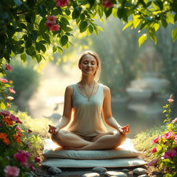 A serene scene featuring a woman meditating peacefully in a lush, tranquil garden filled with vibrant flowers and green foliage