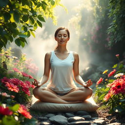 A serene scene featuring a woman meditating peacefully in a lush, tranquil garden filled with vibrant flowers and green foliage