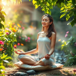 A serene scene featuring a woman meditating peacefully in a lush, tranquil garden filled with vibrant flowers and green foliage