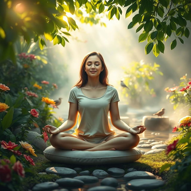 A serene scene featuring a woman meditating peacefully in a lush, tranquil garden filled with vibrant flowers and green foliage