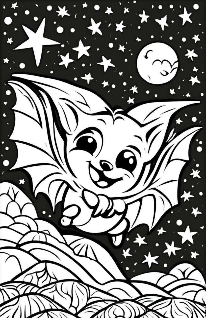 A child-friendly coloring page featuring the cutest cartoonish bat in mid-flight against a starry night sky background.