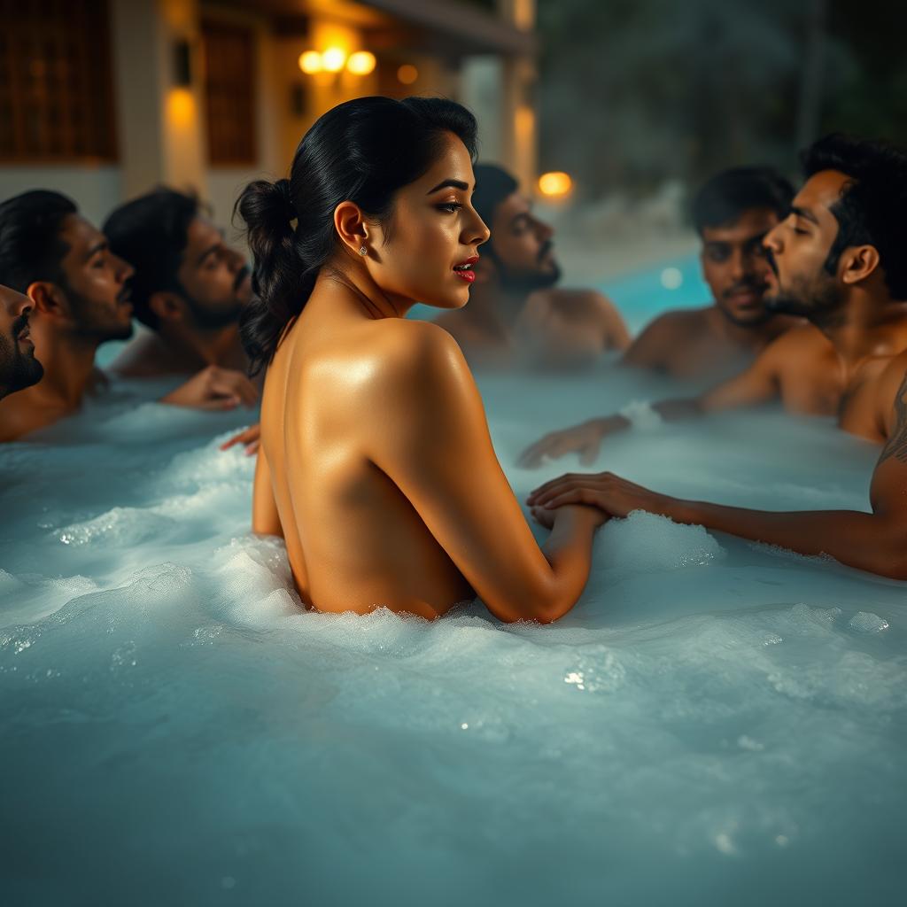 An intimate scene set in a luxurious resort featuring Sonal Chauhan, a stunning Indian actress, sitting in a bubbling jacuzzi completely naked, leaning back to showcase her side profile