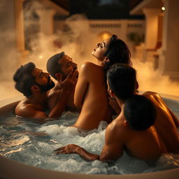 An intimate scene set in a luxurious resort featuring Sonal Chauhan, a stunning Indian actress, sitting in a bubbling jacuzzi completely naked, leaning back to showcase her side profile