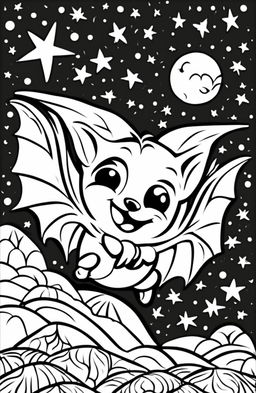 A child-friendly coloring page featuring the cutest cartoonish bat in mid-flight against a starry night sky background.