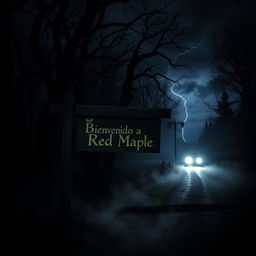 A terrifying and mysterious nighttime scene featuring a weathered wooden sign that reads 'Bienvenido a Red Maple', dimly illuminated by the eerie headlights of a car approaching from the darkness