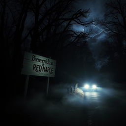 A terrifying and mysterious nighttime scene featuring a weathered wooden sign that reads 'Bienvenido a Red Maple', dimly illuminated by the eerie headlights of a car approaching from the darkness