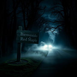 A terrifying and mysterious nighttime scene featuring a weathered wooden sign that reads 'Bienvenido a Red Maple', dimly illuminated by the eerie headlights of a car approaching from the darkness