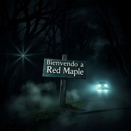 A terrifying and mysterious nighttime scene featuring a weathered wooden sign that reads 'Bienvenido a Red Maple', dimly illuminated by the eerie headlights of a car approaching from the darkness