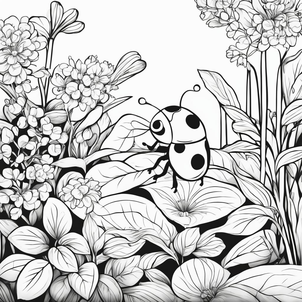 Black and white colouring book page featuring an adorable ladybug in a simple garden scene.