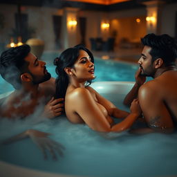 An intimate scene set in a luxurious resort featuring Sonal Chauhan, a beautiful Indian actress, sitting in a lavish jacuzzi completely naked, leaning back slightly to showcase her side profile