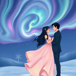 An enchanting illustration of two lovers meeting under a stunning display of northern lights