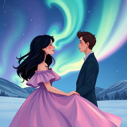 An enchanting illustration of two lovers meeting under a stunning display of northern lights