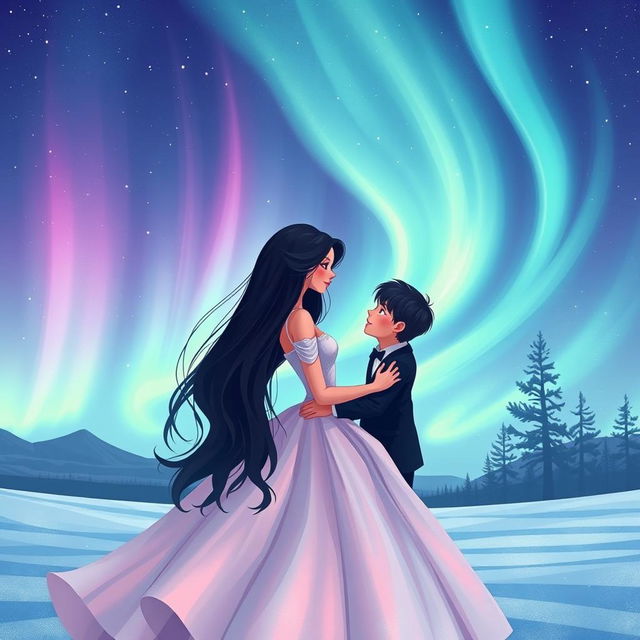 An enchanting illustration of two lovers meeting under a stunning display of northern lights