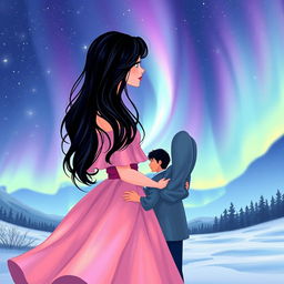 An enchanting illustration of two lovers meeting under a stunning display of northern lights