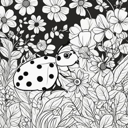 Black and white colouring book page featuring an adorable ladybug in a simple garden scene.