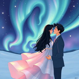 An enchanting illustration of two lovers meeting under a stunning display of northern lights