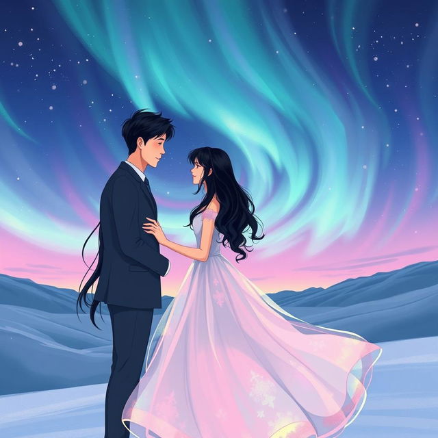 An enchanting illustration of two lovers meeting under a stunning display of northern lights