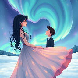 An enchanting illustration of two lovers meeting under a stunning display of northern lights