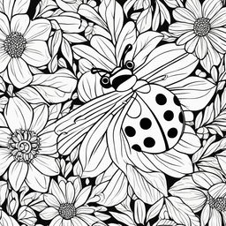 Black and white colouring book page featuring an adorable ladybug in a simple garden scene.