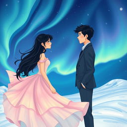 An enchanting illustration of two lovers meeting under a stunning display of northern lights