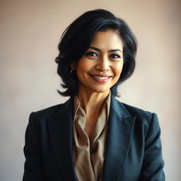 A 40-year-old woman with striking black hair, showcasing her elegant Latin features, dressed in sophisticated and fashionable attire that reflects her confidence and life experience