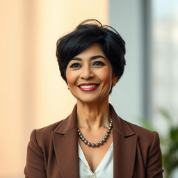 A 40-year-old woman with striking black hair, showcasing her elegant Latin features, dressed in sophisticated and fashionable attire that reflects her confidence and life experience