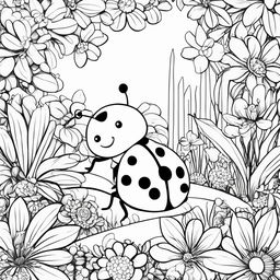 Black and white colouring book page featuring an adorable ladybug in a simple garden scene.