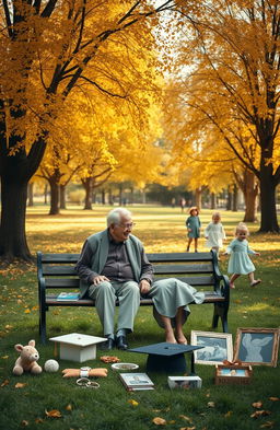 A nostalgic scene capturing the essence of cherished memories throughout a lifetime, featuring a beautiful, sunlit park with trees adorned with golden autumn leaves