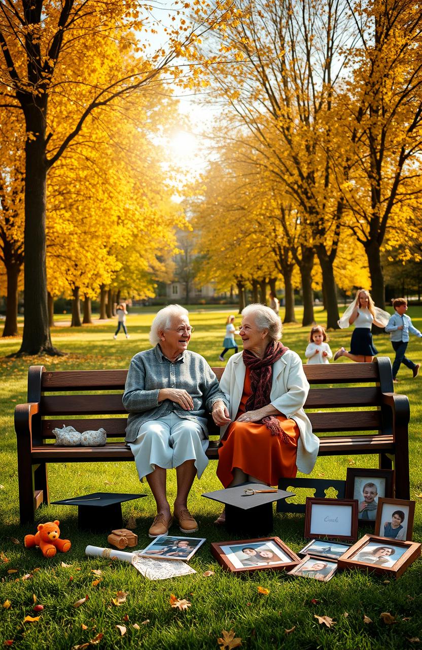 A nostalgic scene capturing the essence of cherished memories throughout a lifetime, featuring a beautiful, sunlit park with trees adorned with golden autumn leaves