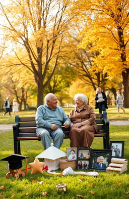 A nostalgic scene capturing the essence of cherished memories throughout a lifetime, featuring a beautiful, sunlit park with trees adorned with golden autumn leaves