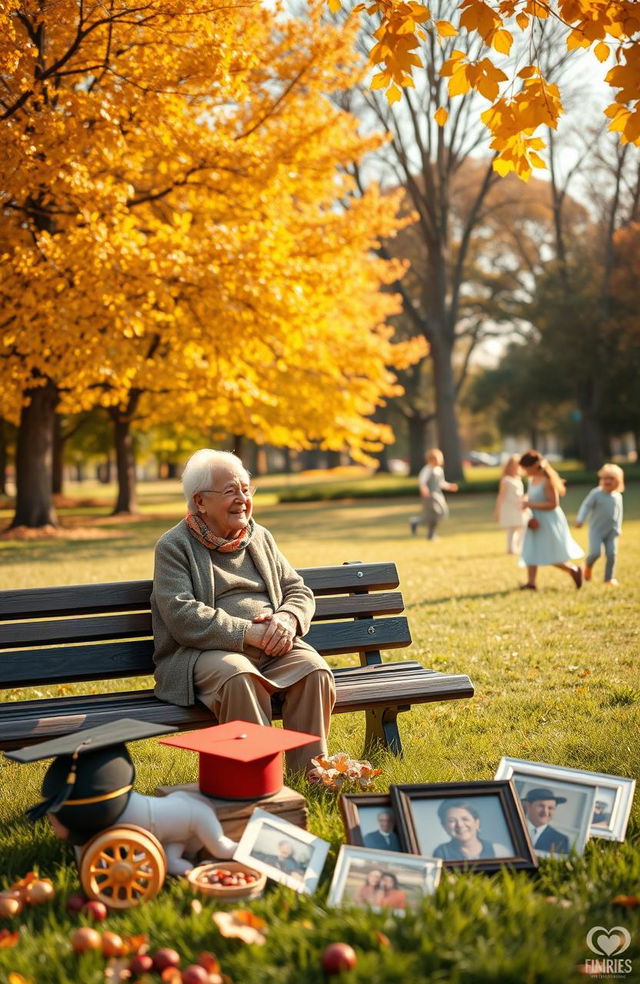 A nostalgic scene capturing the essence of cherished memories throughout a lifetime, featuring a beautiful, sunlit park with trees adorned with golden autumn leaves