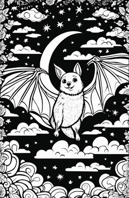 An adult coloring page featuring a Wes Anderson-inspired bat in mid-flight against a whimsical night sky background.