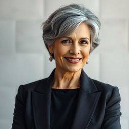 A 40-year-old woman with elegant gray hair, highlighting her beautiful Latin features, dressed in sophisticated and stylish attire that conveys her confidence and grace