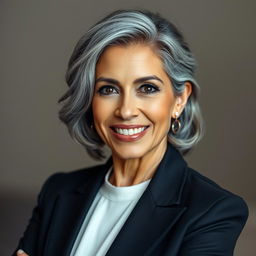 A 40-year-old woman with elegant gray hair, highlighting her beautiful Latin features, dressed in sophisticated and stylish attire that conveys her confidence and grace