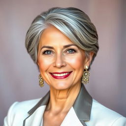 A 40-year-old woman with elegant gray hair, highlighting her beautiful Latin features, dressed in sophisticated and stylish attire that conveys her confidence and grace