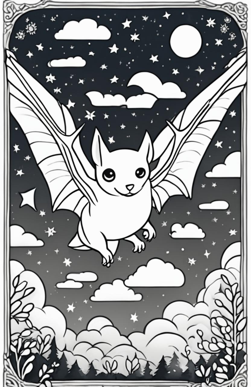 An adult coloring page featuring a Wes Anderson-inspired bat in mid-flight against a whimsical night sky background.