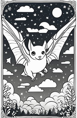 An adult coloring page featuring a Wes Anderson-inspired bat in mid-flight against a whimsical night sky background.