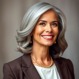 A 40-year-old woman with elegant gray hair, highlighting her beautiful Latin features, dressed in sophisticated and stylish attire that conveys her confidence and grace