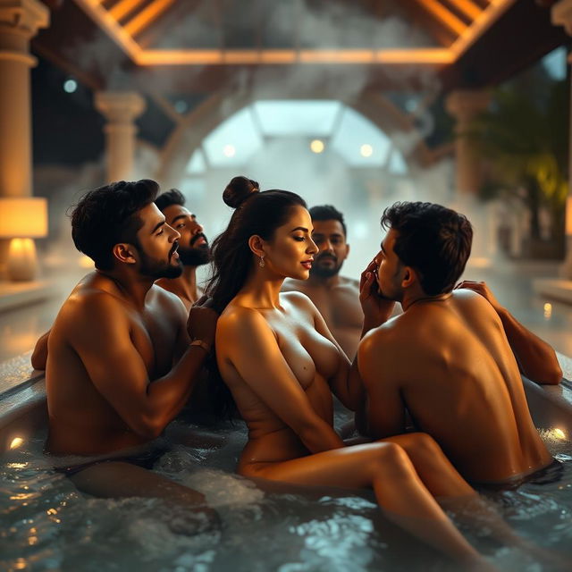 An intimate scene set in a luxurious resort featuring Kiara Advani, a stunning Indian actress, sitting in a lavish jacuzzi, completely naked and showcasing her side profile elegantly