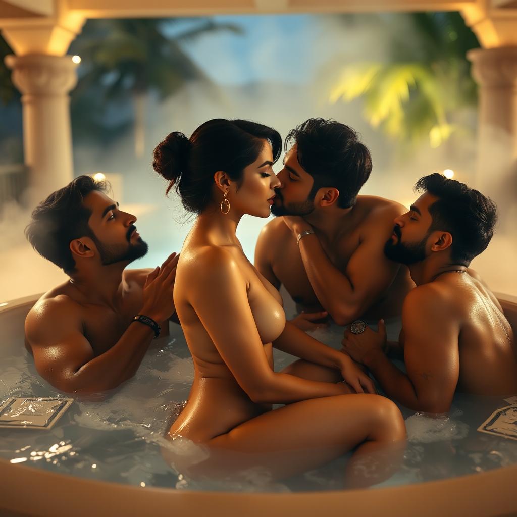 An intimate scene set in a luxurious resort featuring Kiara Advani, a stunning Indian actress, sitting in a lavish jacuzzi, completely naked and showcasing her side profile elegantly