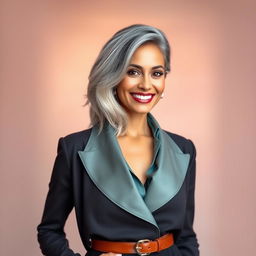 A 35-year-old woman with beautiful gray hair, showcasing her Brazilian features, dressed in fashionable and stylish attire that highlights her confidence and grace