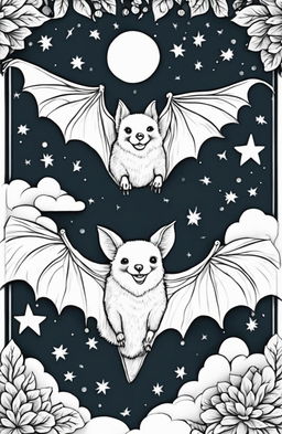 An adult coloring page featuring a Wes Anderson-inspired bat in mid-flight against a whimsical night sky background.