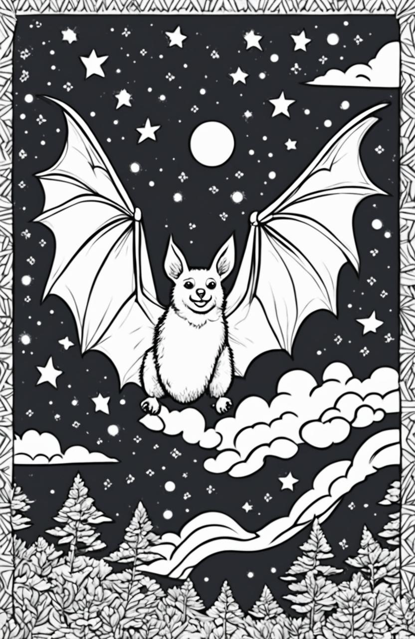 An adult coloring page featuring a Wes Anderson-inspired bat in mid-flight against a whimsical night sky background.