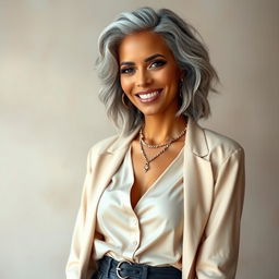 A 35-year-old woman with beautiful gray hair, showcasing her Brazilian features, dressed in fashionable and stylish attire that highlights her confidence and grace