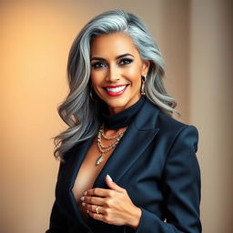 A 35-year-old woman with beautiful gray hair, showcasing her Brazilian features, dressed in fashionable and stylish attire that highlights her confidence and grace