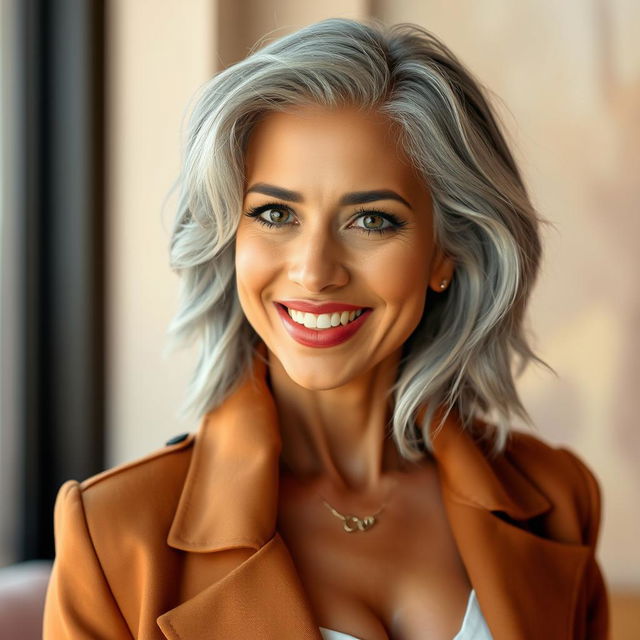 A 35-year-old woman with beautiful gray hair, showcasing her Brazilian features, dressed in fashionable and stylish attire that highlights her confidence and grace