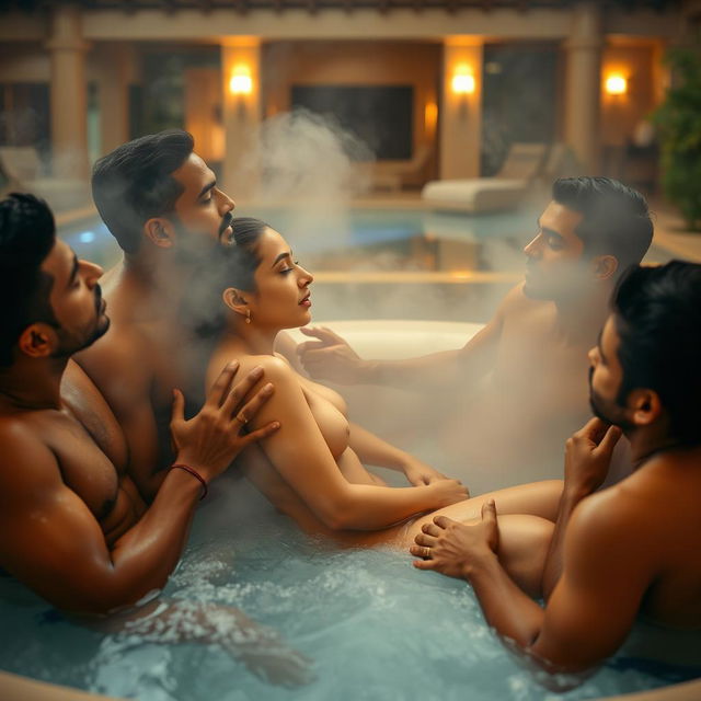 An intimate and steamy scene set in a luxurious resort featuring Kiara Advani, a stunning Indian actress, sitting in a lavish jacuzzi, completely naked and elegantly showcasing her side profile