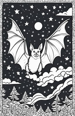 An adult coloring page featuring a Wes Anderson-inspired bat in mid-flight against a whimsical night sky background.