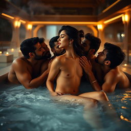 An intimate and steamy scene set in a luxurious resort featuring Kiara Advani, a stunning Indian actress, sitting in a lavish jacuzzi, completely naked and elegantly showcasing her side profile